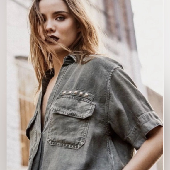 Ag Adriano Goldschmied Tops - Adriano Goldschmied Anson V-neck Top  Army Olive Green Tencel Linen Studded L